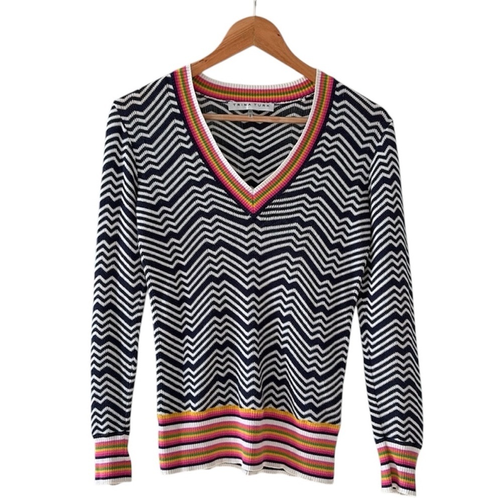 Trina Turk Black and White Chevron V-Neck Sweater with Pink & Yellow Trim